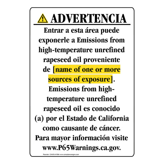 Spanish California Prop 65 Chemical Exposure Area Sign CAWS-41684