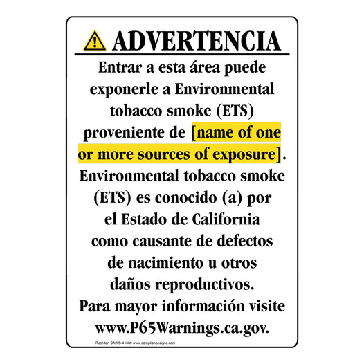 Spanish California Prop 65 Chemical Exposure Area Sign CAWS-41686