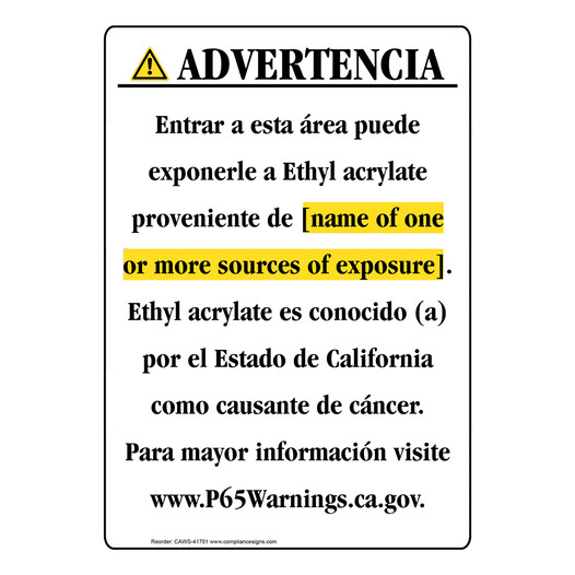 Spanish California Prop 65 Chemical Exposure Area Sign CAWS-41701
