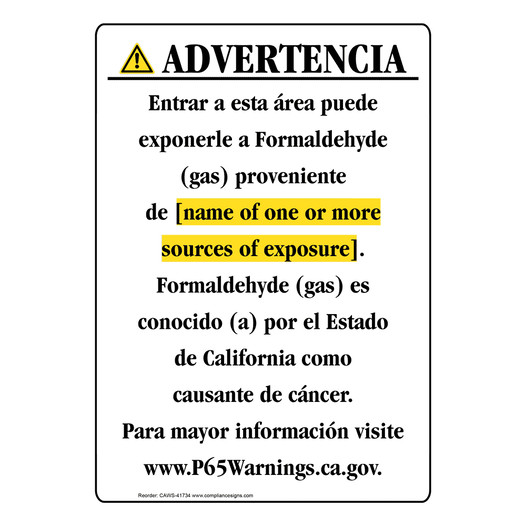 Spanish California Prop 65 Chemical Exposure Area Sign CAWS-41734