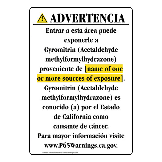 Spanish California Prop 65 Chemical Exposure Area Sign CAWS-41755