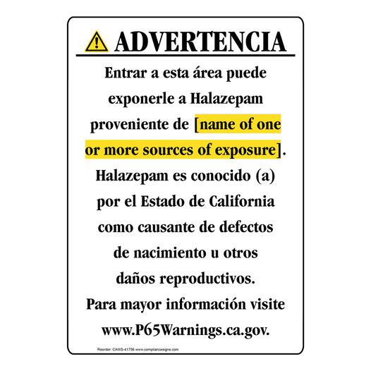 Spanish California Prop 65 Chemical Exposure Area Sign CAWS-41756