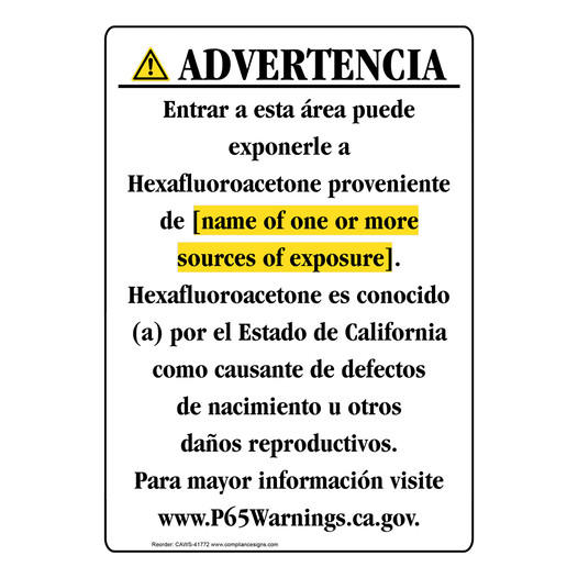 Spanish California Prop 65 Chemical Exposure Area Sign CAWS-41772