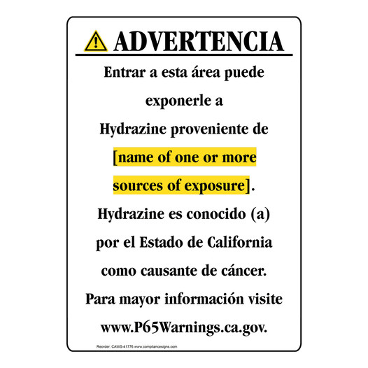Spanish California Prop 65 Chemical Exposure Area Sign CAWS-41776