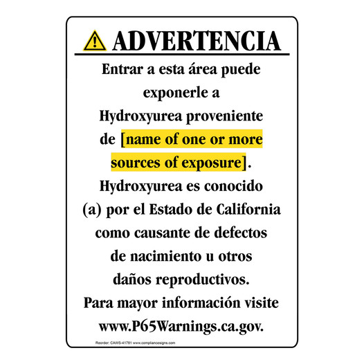 Spanish California Prop 65 Chemical Exposure Area Sign CAWS-41781