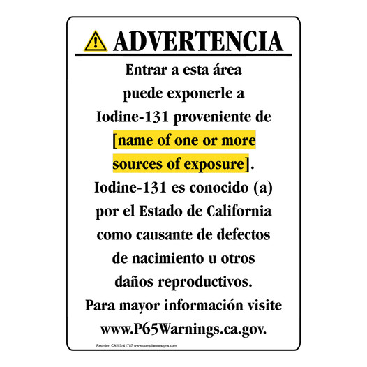 Spanish California Prop 65 Chemical Exposure Area Sign CAWS-41787