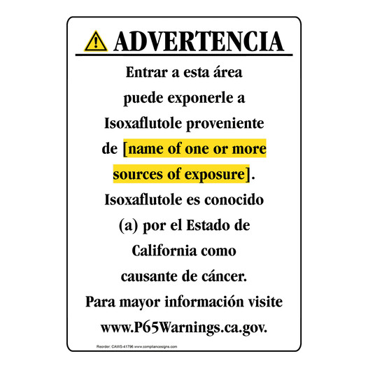 Spanish California Prop 65 Chemical Exposure Area Sign CAWS-41796