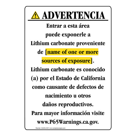 Spanish California Prop 65 Chemical Exposure Area Sign CAWS-41811