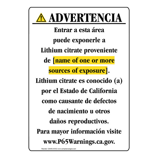 Spanish California Prop 65 Chemical Exposure Area Sign CAWS-41812