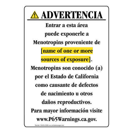 Spanish California Prop 65 Chemical Exposure Area Sign CAWS-41829