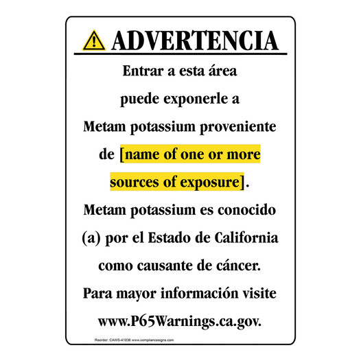 Spanish California Prop 65 Chemical Exposure Area Sign CAWS-41836