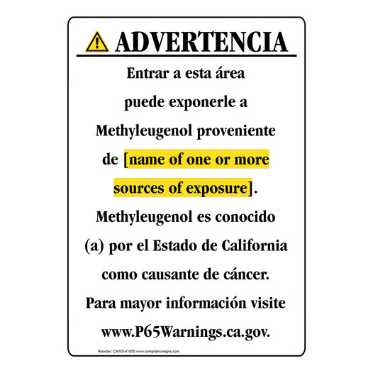 Spanish California Prop 65 Chemical Exposure Area Sign CAWS-41855
