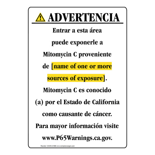 Spanish California Prop 65 Chemical Exposure Area Sign CAWS-41868