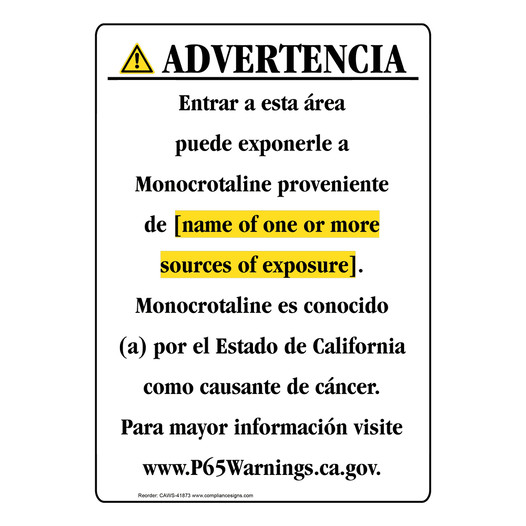 Spanish California Prop 65 Chemical Exposure Area Sign CAWS-41873