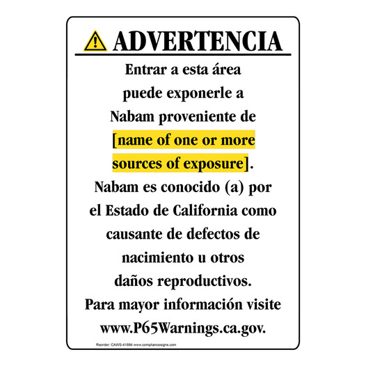 Spanish California Prop 65 Chemical Exposure Area Sign CAWS-41884