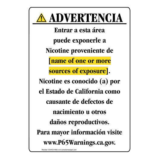 Spanish California Prop 65 Chemical Exposure Area Sign CAWS-41903
