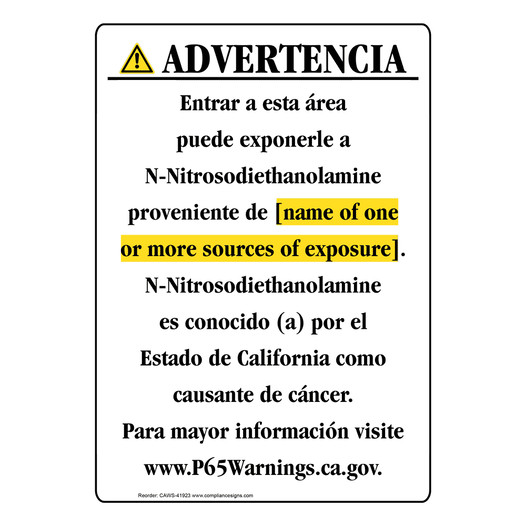 Spanish California Prop 65 Chemical Exposure Area Sign CAWS-41923