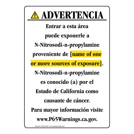 Spanish California Prop 65 Chemical Exposure Area Sign CAWS-41927