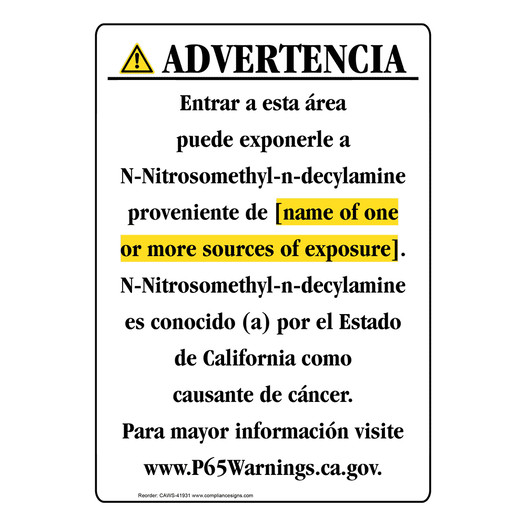 Spanish California Prop 65 Chemical Exposure Area Sign CAWS-41931