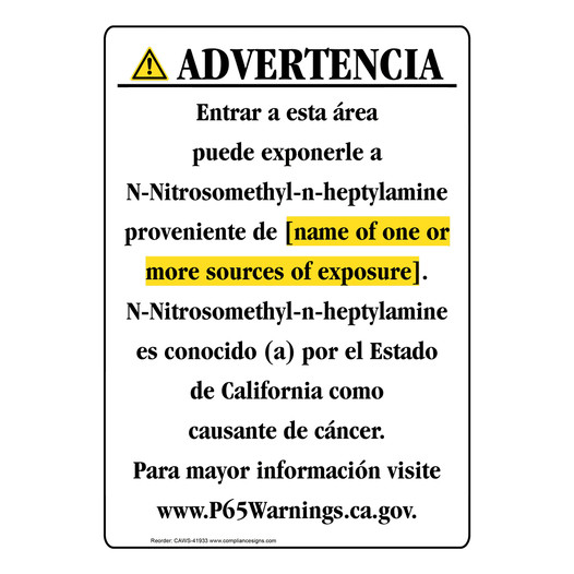 Spanish California Prop 65 Chemical Exposure Area Sign CAWS-41933