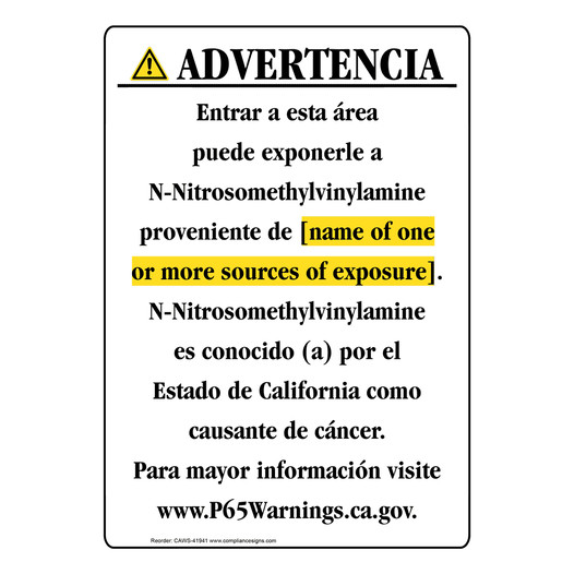 Spanish California Prop 65 Chemical Exposure Area Sign CAWS-41941