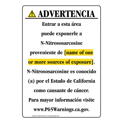 Spanish California Prop 65 Chemical Exposure Area Sign CAWS-41949