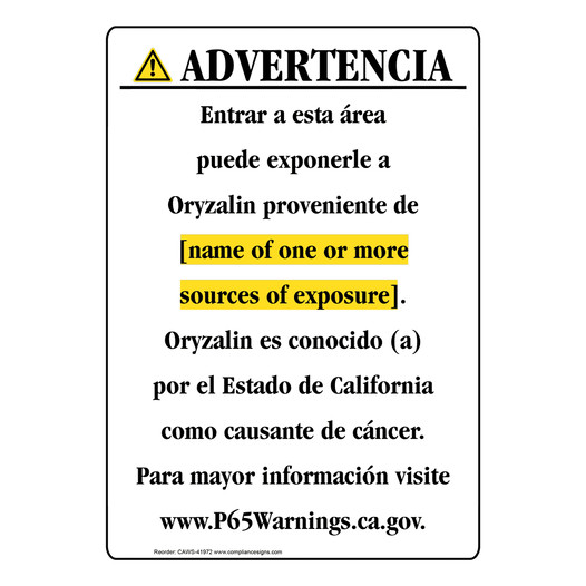 Spanish California Prop 65 Chemical Exposure Area Sign CAWS-41972