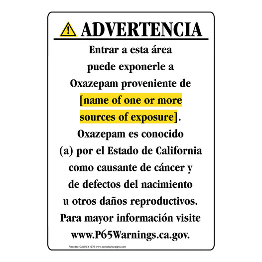 Spanish California Prop 65 Chemical Exposure Area Sign CAWS-41976
