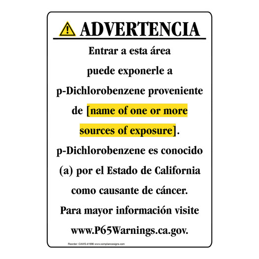 Spanish California Prop 65 Chemical Exposure Area Sign CAWS-41996