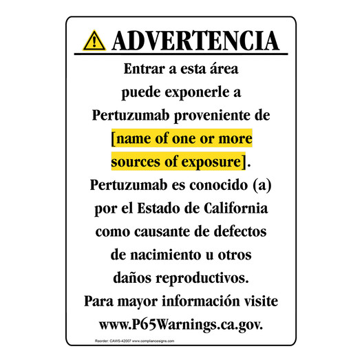 Spanish California Prop 65 Chemical Exposure Area Sign CAWS-42007