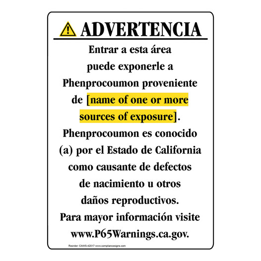 Spanish California Prop 65 Chemical Exposure Area Sign CAWS-42017