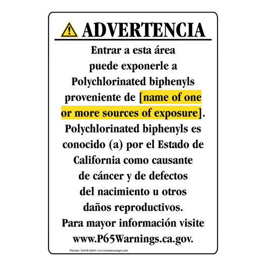 Spanish California Prop 65 Chemical Exposure Area Sign CAWS-42031