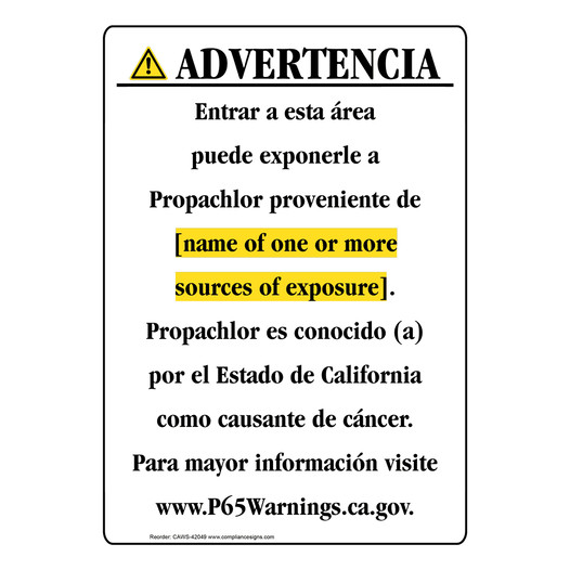 Spanish California Prop 65 Chemical Exposure Area Sign CAWS-42049