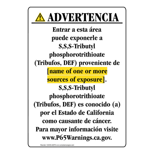 Spanish California Prop 65 Chemical Exposure Area Sign CAWS-42070