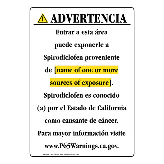Spanish California Prop 65 Chemical Exposure Area Sign CAWS-42084