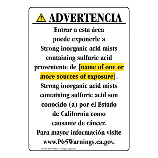 Spanish California Prop 65 Chemical Exposure Area Sign CAWS-42090