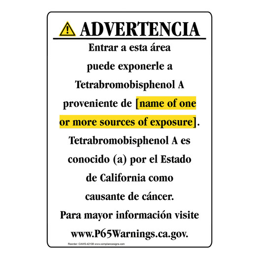 Spanish California Prop 65 Chemical Exposure Area Sign CAWS-42108