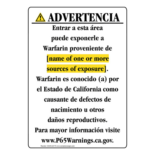Spanish California Prop 65 Chemical Exposure Area Sign CAWS-42173
