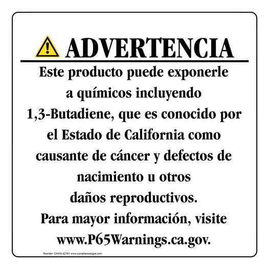 Spanish California Prop 65 Consumer Product Warning Sign CAWS-42191