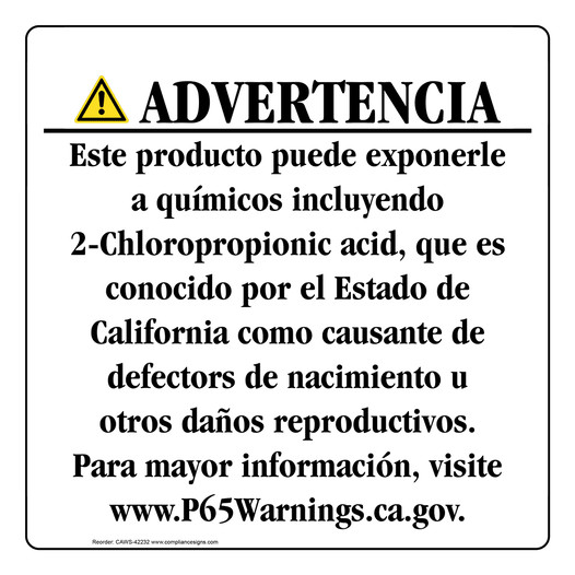 Spanish California Prop 65 Consumer Product Warning Sign CAWS-42232