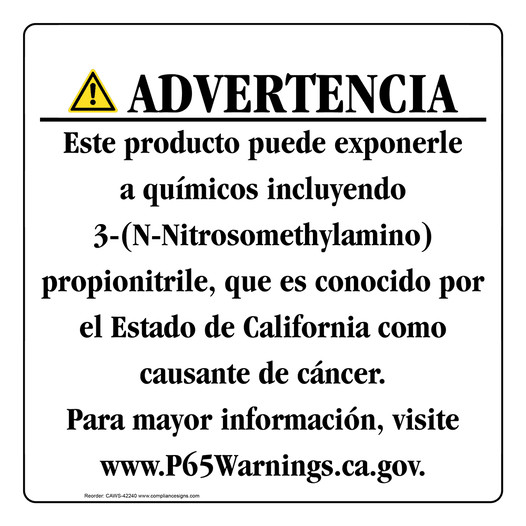 Spanish California Prop 65 Consumer Product Warning Sign CAWS-42240