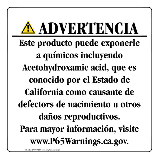 Spanish California Prop 65 Consumer Product Warning Sign CAWS-42289