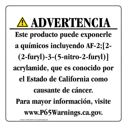 Spanish California Prop 65 Consumer Product Warning Sign CAWS-42294