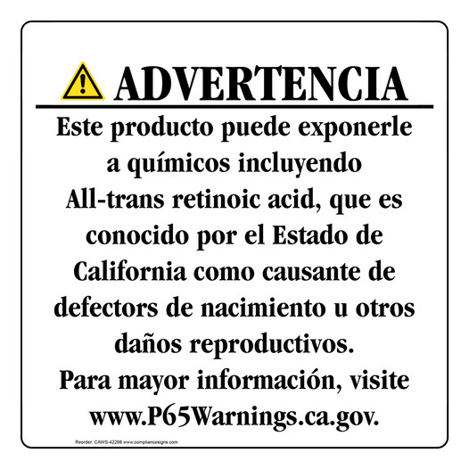 Spanish California Prop 65 Consumer Product Warning Sign CAWS-42298