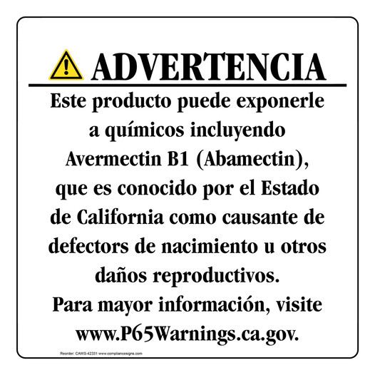 Spanish California Prop 65 Consumer Product Warning Sign CAWS-42331
