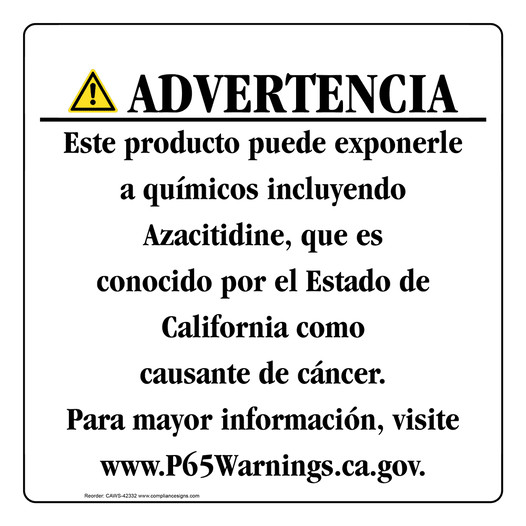 Spanish California Prop 65 Consumer Product Warning Sign CAWS-42332