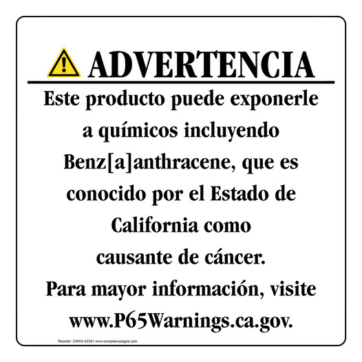 Spanish California Prop 65 Consumer Product Warning Sign CAWS-42341
