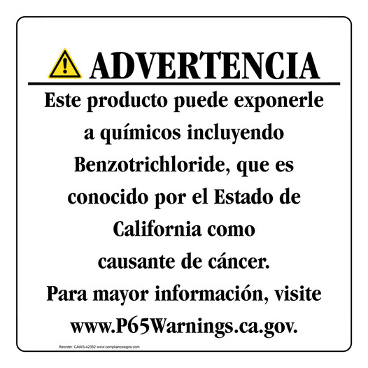Spanish California Prop 65 Consumer Product Warning Sign CAWS-42352