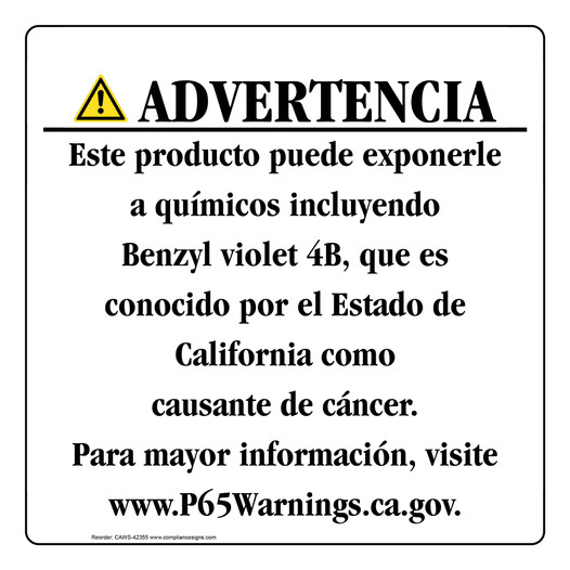 Spanish California Prop 65 Consumer Product Warning Sign CAWS-42355