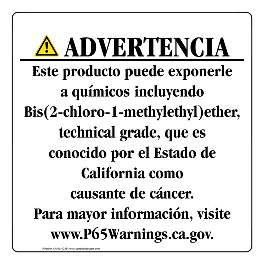 Spanish California Prop 65 Consumer Product Warning Sign CAWS-42364